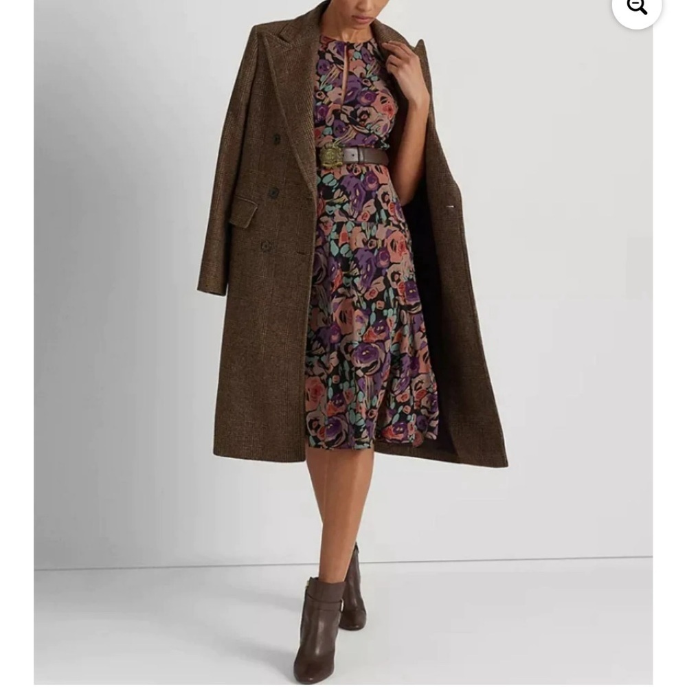 Lauren by Ralph Lauren Belted Crepe Floral Pattern Midi Dress Black Combo NWT 16